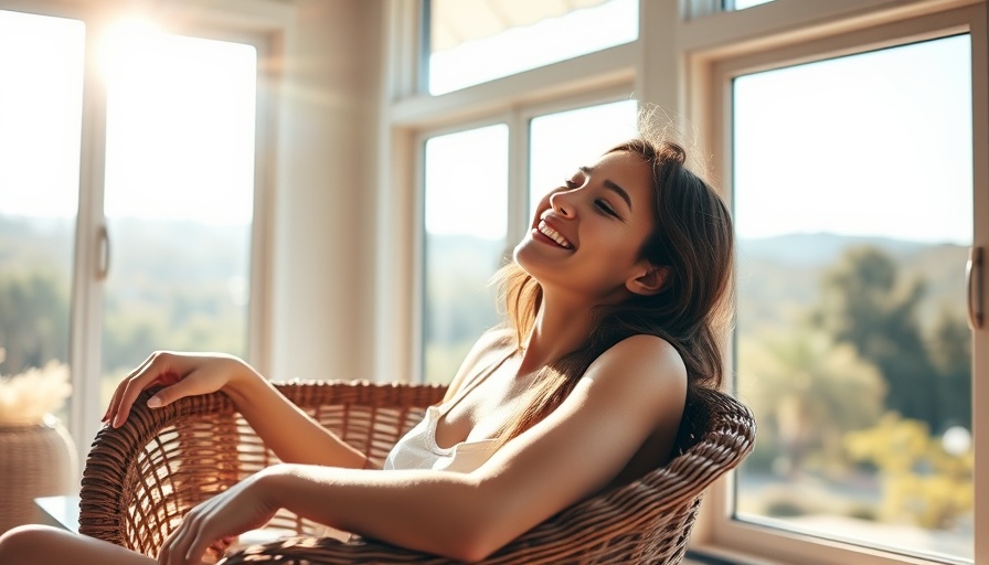 Relaxed woman in sunlit room enjoying morning light, promoting home comfort.