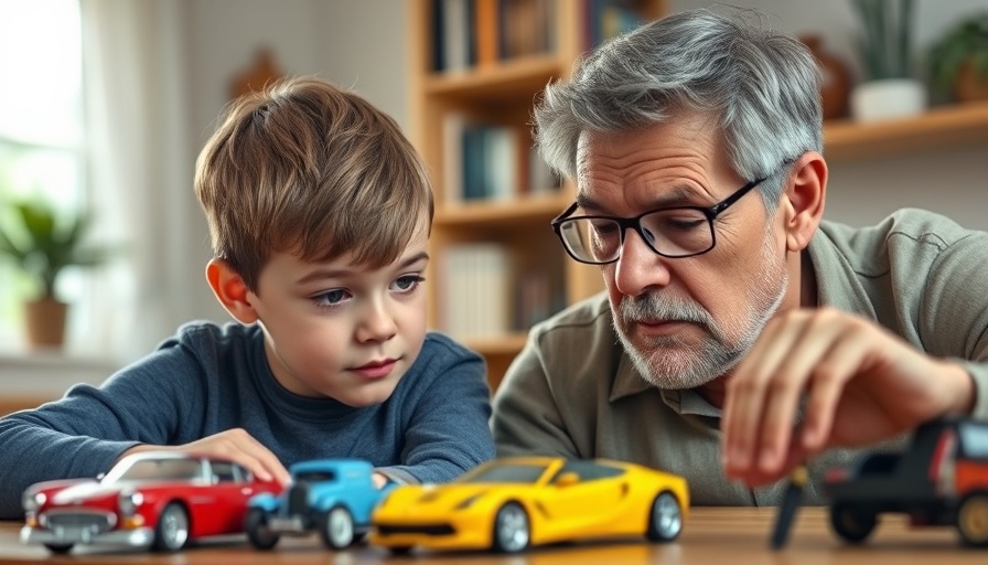 Young boy and older man valuing a model car collection at home.