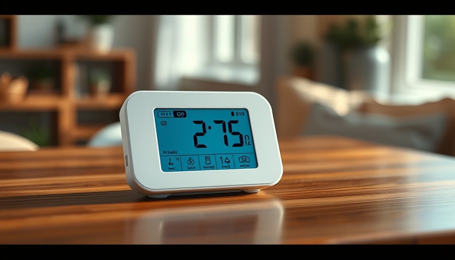 Portable Air Quality Monitor with digital display on a wooden table, indoor setting.