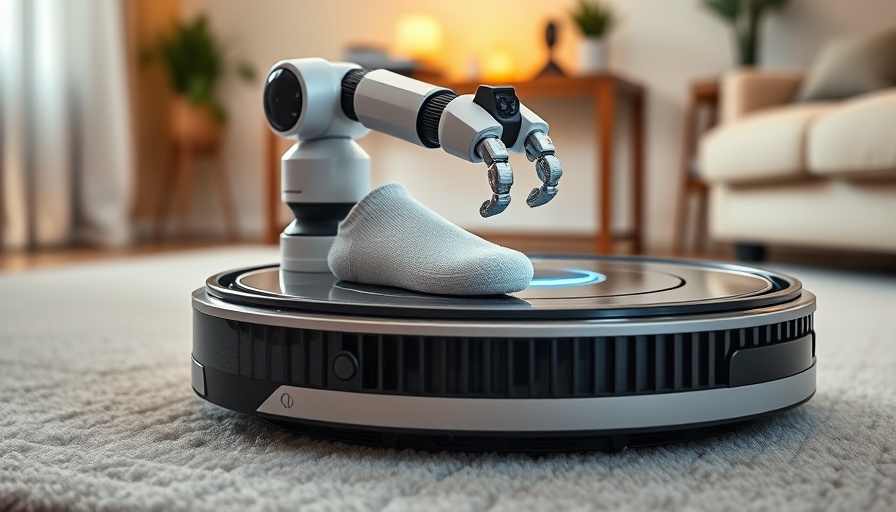AI-powered housekeeper robot vacuum with arm in living room.