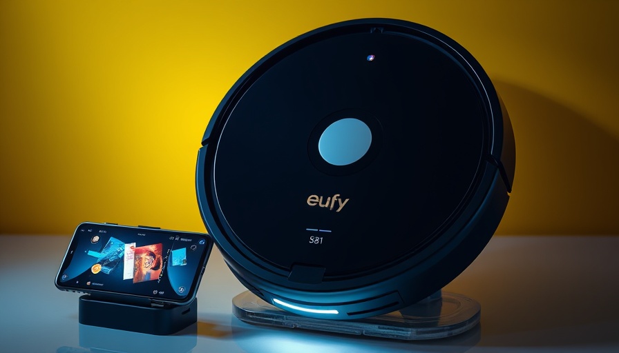 Eufy Omni S1 Pro robot vacuum with smartphone against a yellow background.