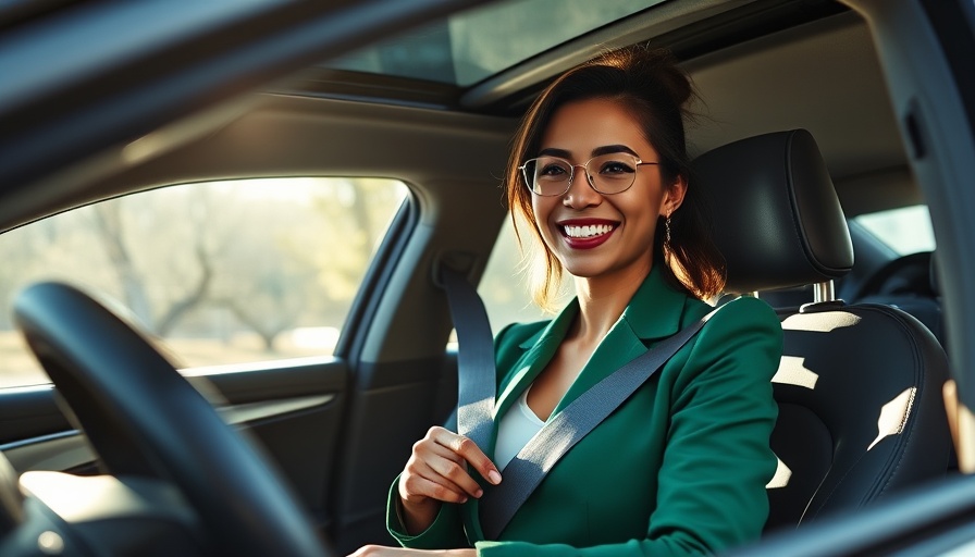 Happy woman test driving a new car, fastening seatbelt.