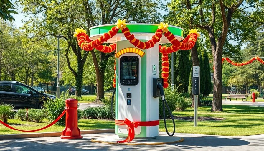 Festive TATA.ev MegaChargers decorated with garlands in a park.