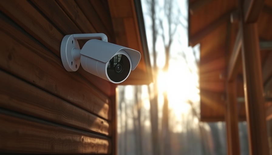 Modern security camera on wooden house, off-grid.