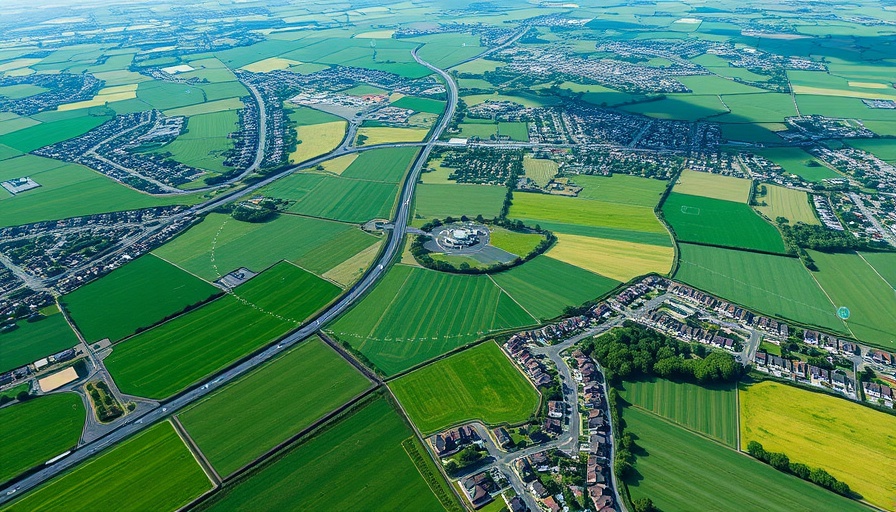 Aerial view of geofencing technology over fields near urban homes.