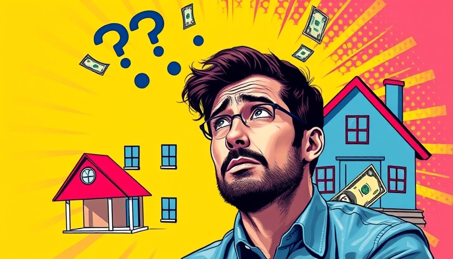 Homeownership income gap symbolized by a worried man with colorful money and house backdrop.