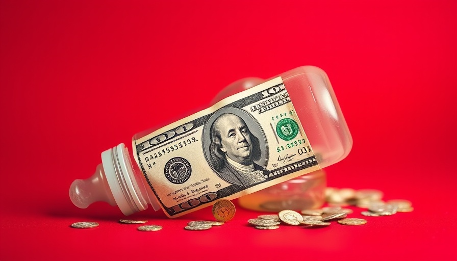 Baby bottle wrapped in a dollar bill on red backdrop, Trump Accounts for Newborns theme.