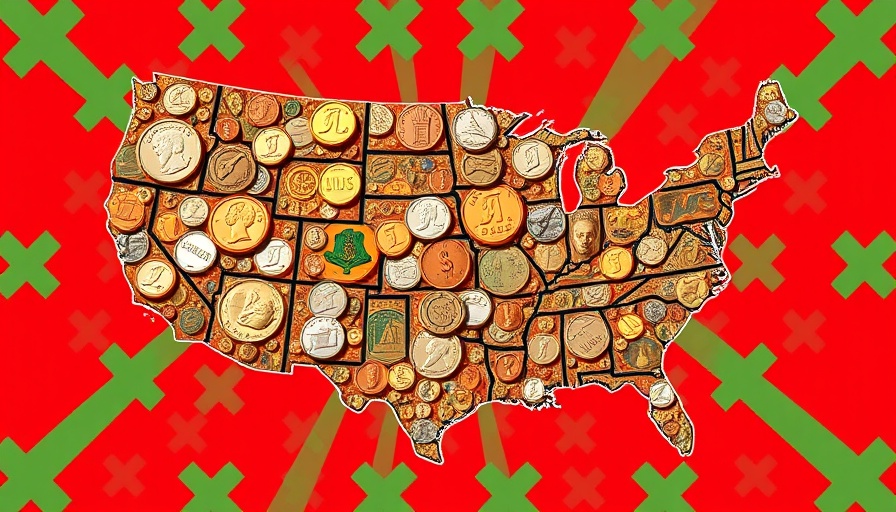 Map of U.S. covered with coins, vibrant background.