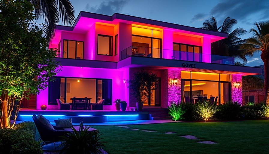 Modern house with Govee permanent outdoor lights in evening ambiance.