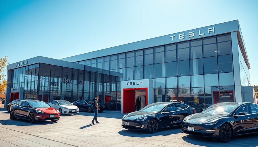 Tesla showroom with parked cars under blue sky.