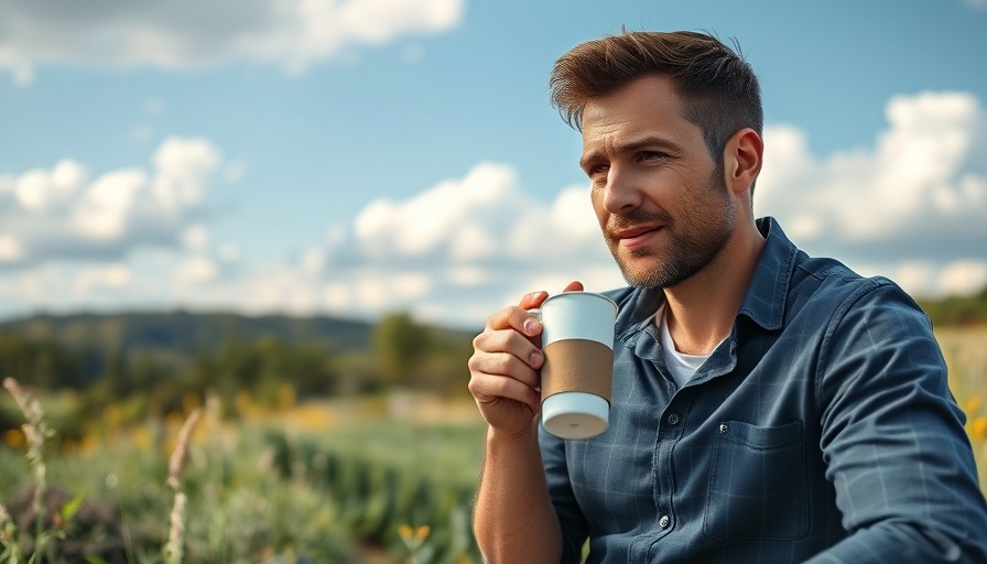 Man enjoying coffee during solar-powered road trip in nature.