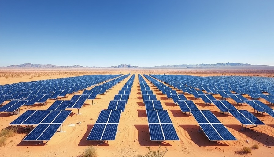 Solar panels in desert with mountains, radiation-resistant coating for solar cells.