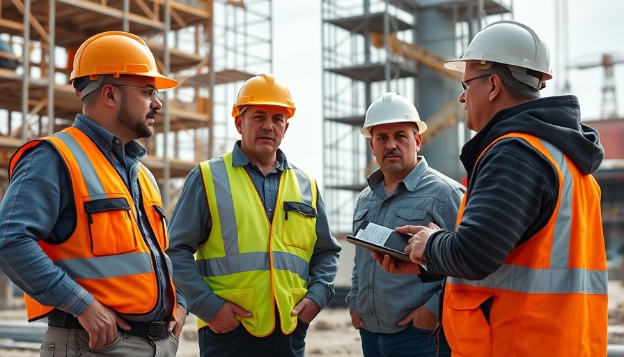 Construction workers discussing solar energy growth project.