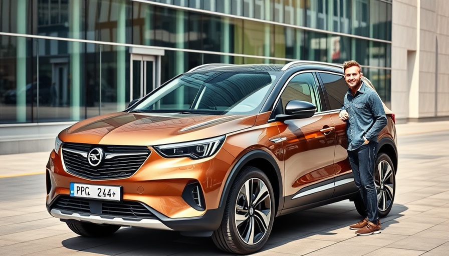Opel Grandland Electric SUV by modern building with smiling man.
