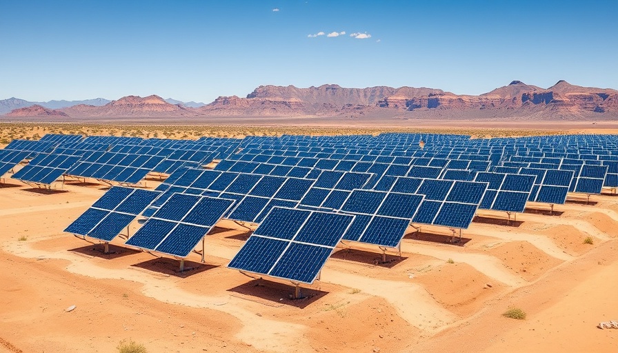 Array of solar panels in desert, focus on technology sales, self-assembled monolayer solar cells.