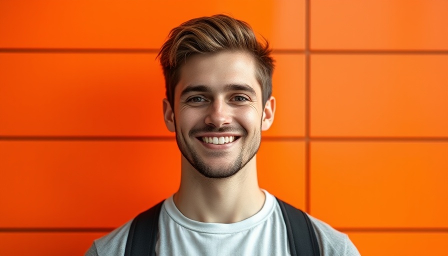 Young man smiling confidently, modern orange background, should I go solar now?