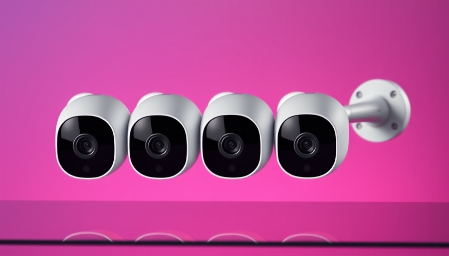 Sleek Arlo security cameras on purple gradient backdrop.