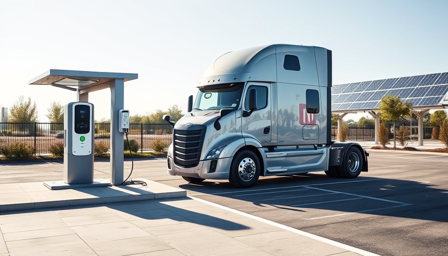 Electric semi-truck charging at corridor under solar panels.
