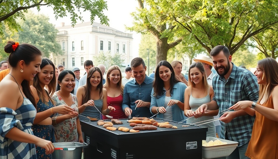 Cheerful group grilling outdoors, community cooking event.
