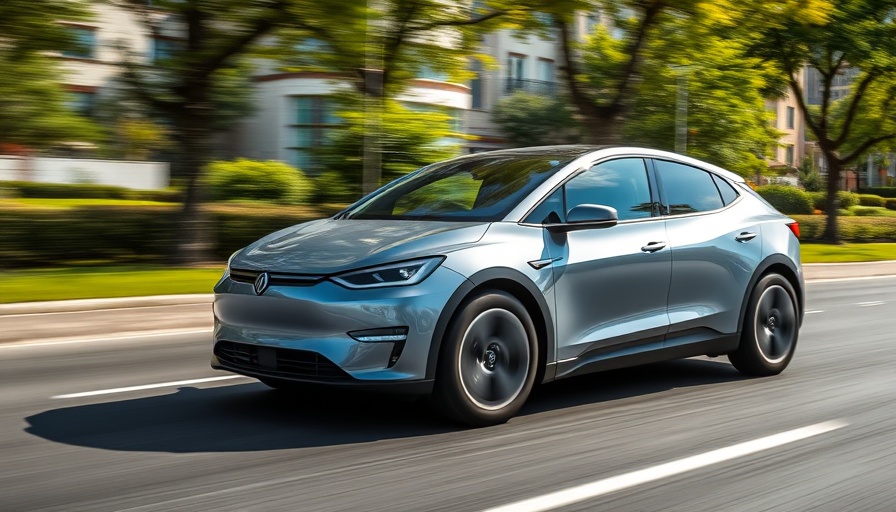 Modern electric vehicle moving on suburban road, showcasing performance upgrades via subscription.