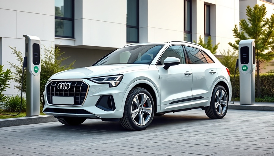 Audi Q3 hybrid electric range SUV charging at station in urban setting.
