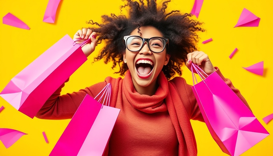 Dynamic collage of retail therapy scene with pink shopping bags.