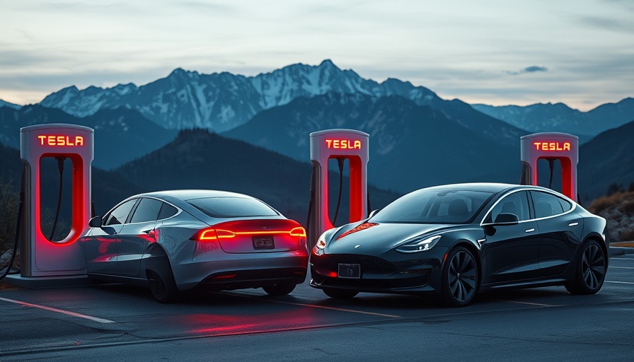 Tesla Master Plan Part 4: Electric cars charging at dusk with mountain backdrop.
