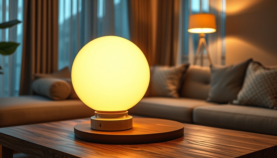 AI-powered lighting solutions with futuristic LED lamp in modern living room.