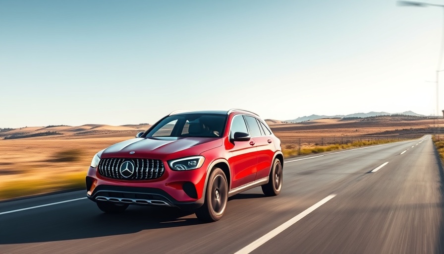 Sleek red Mercedes GLC EQ cruising on countryside road.