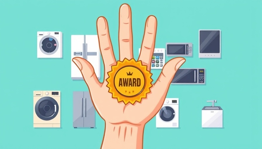 Cartoon hand over home appliances with 2025 warranty award badge