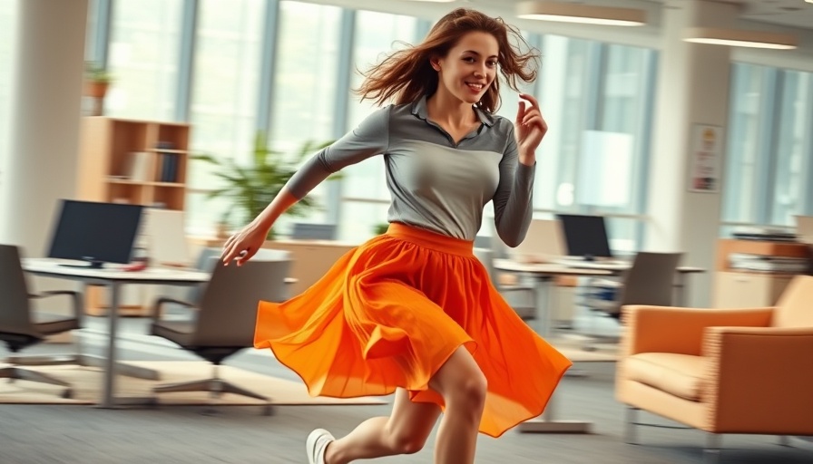 Woman running in office to reduce high electric bill, vibrant indoor scene.