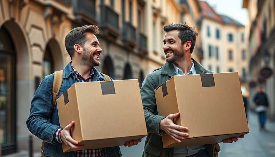Two men carrying boxes in an urban setting.