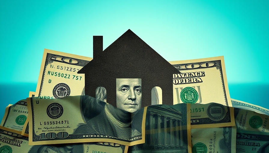 Surreal collage of house silhouette on currency symbolizing home equity.