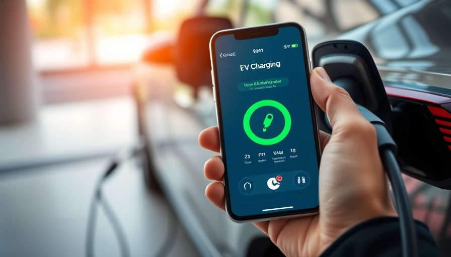 Person using app to find nearby EV charging stations with car charging.