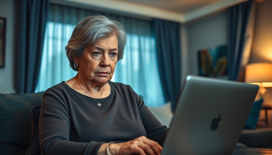 Concerned older woman on laptop, government shutdown impact.