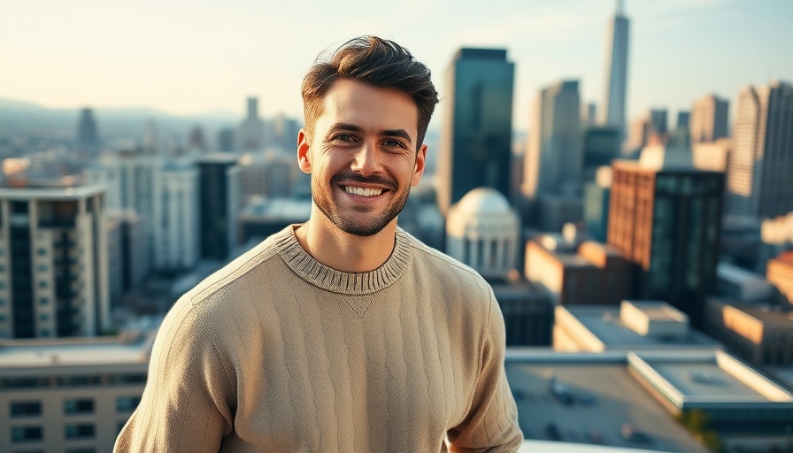 Smiling man on rooftop with city skyline, AI healthcare startup funding background.