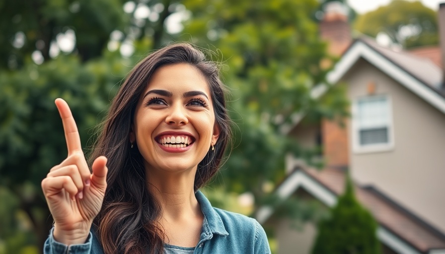 Smiling woman in front of house pointing upwards, Overlooked Real Estate Investments 2025.