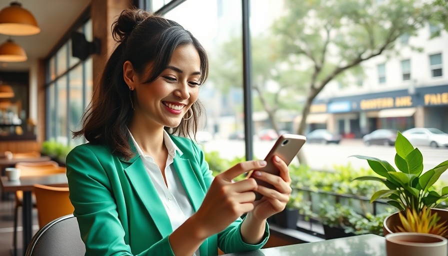 Modern businesswoman using ChatGPT Instant Checkout technology in cafe.