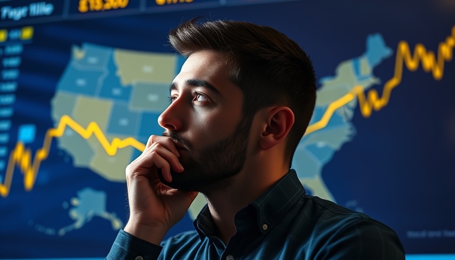 Man pondering map of USA with arrows indicating economic impact, finance.