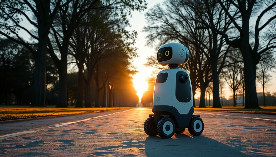 Coco Robotics AI research lab delivery robot on a park path at sunset.