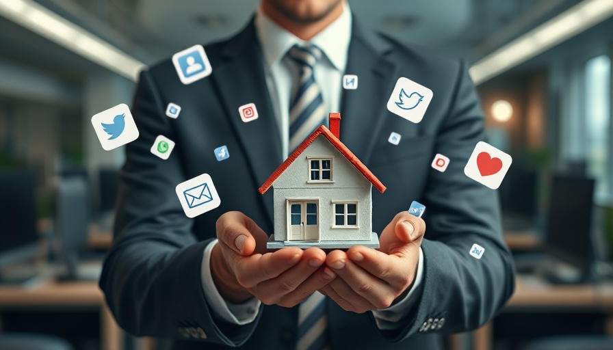 Man holding house model with declining social media views icons.