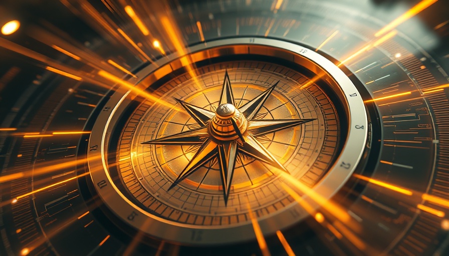 Dynamic abstract compass with radiant light representing Compass-Anywhere deal impact on boutique brokerage.