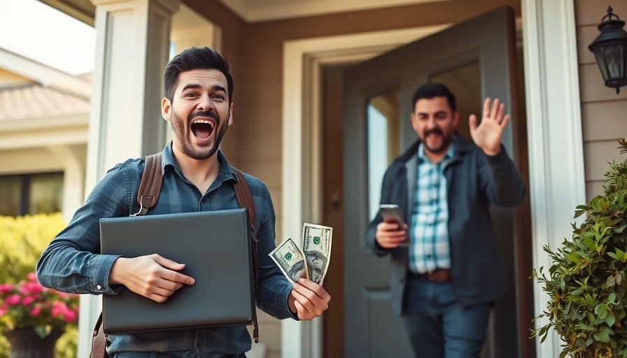 Answer The Door, Win $10,000: Excited man with cash briefcase.