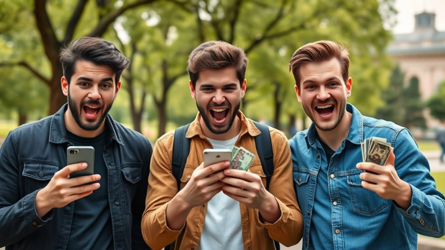 Three young men compete, holding phones and cash outdoors.