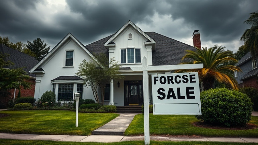 Foreclosure sign in front of suburban home with cloudy sky.