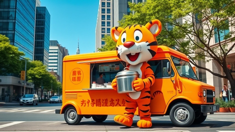Vibrant orange food truck with Korean BBQ motif in urban setting.