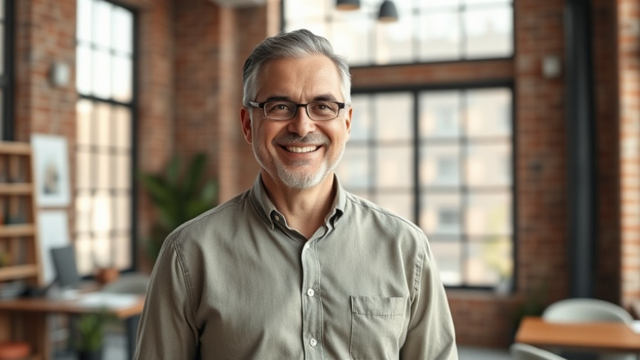 Confident middle-aged man in a workplace people love, smiling warmly.
