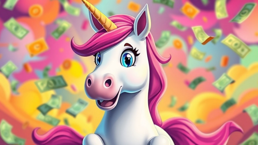 Vibrant cartoon unicorn with money symbols representing LangChain valuation $1.25 billion.