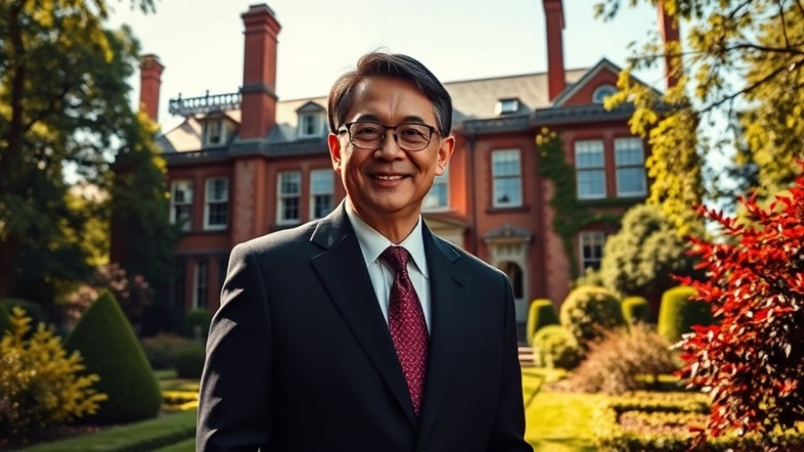Luxury Real Estate Trends: Smiling man in suit before a grand mansion.