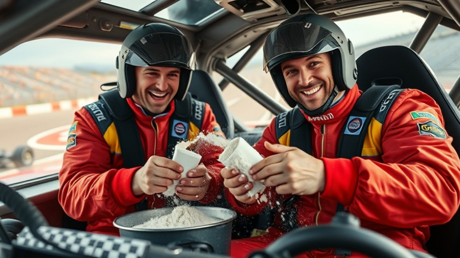 Two men baking in a race car, surrounded by flour and eggs.
